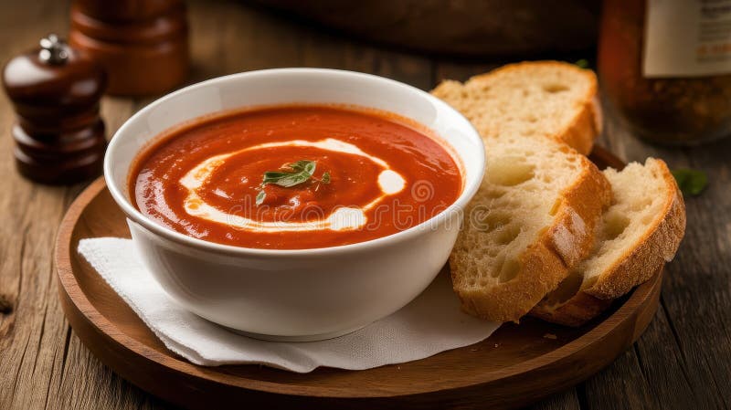 Bol delicios de supă de roșii cremoasă servită cu pâine proaspătă pe o masă rustică din lemn. stock illustration