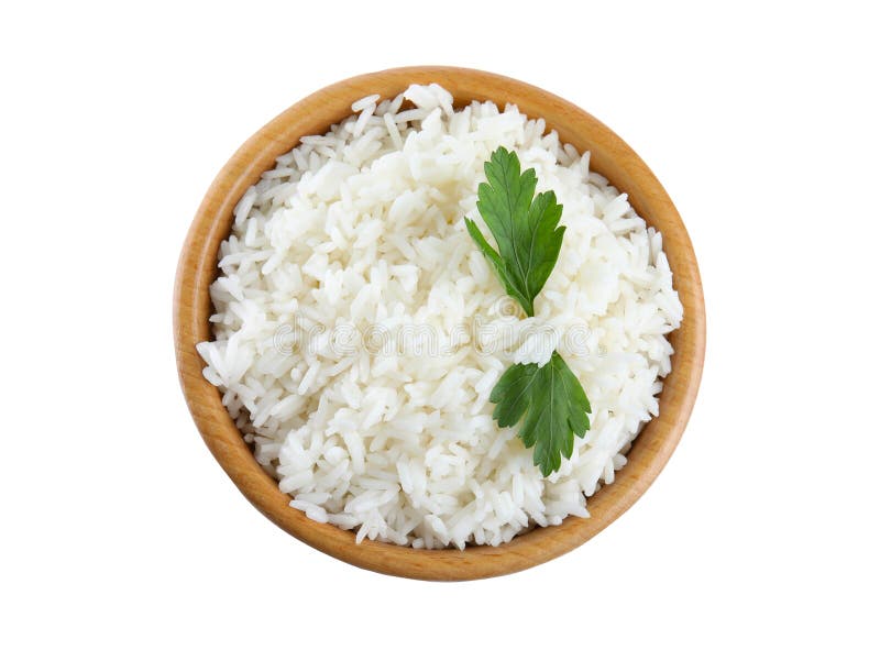 Bol en bois avec du riz cuit et la vue de dessus isolé par persil photo stock