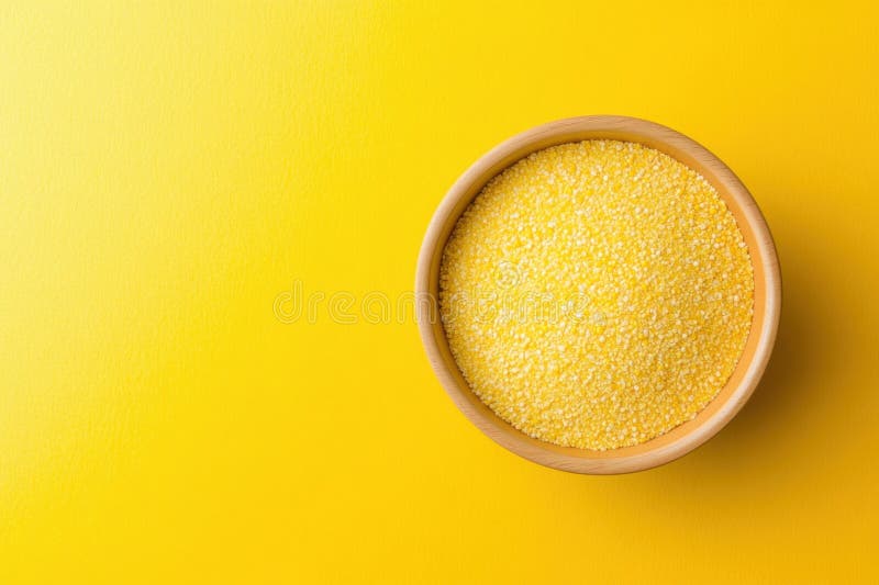 Bol minimaliste de farine de maïs sur fond jaune vif pour une ambiance conviviale images libres de droits
