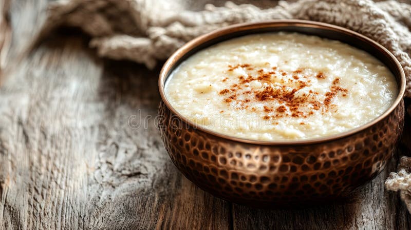Bol tradițional din cupru cu ovăz pe masă de lemn deschis stock photos