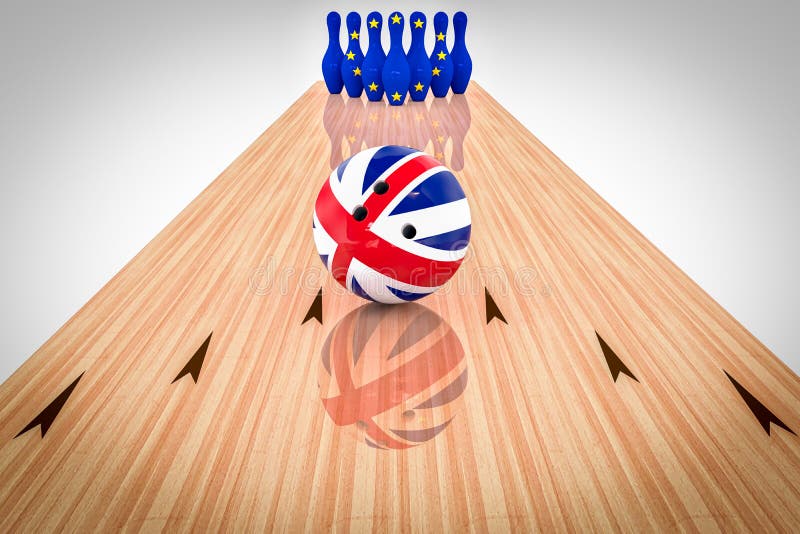 Bola de bolos con la bandera de Reino Unido y pernos de bolos con la bandera de la Comunidad Europea ilustración del vector Bola de bolos con la bandera de Reino Unido y pernos de bolos con la bandera de la Comunidad Europea ilustración del vector