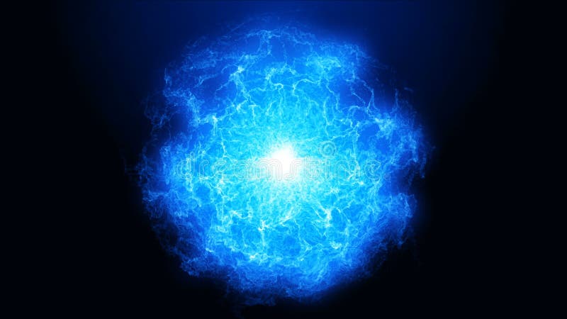 Bola de energia abstrata azul brilhante com fogo sobre fundo preto