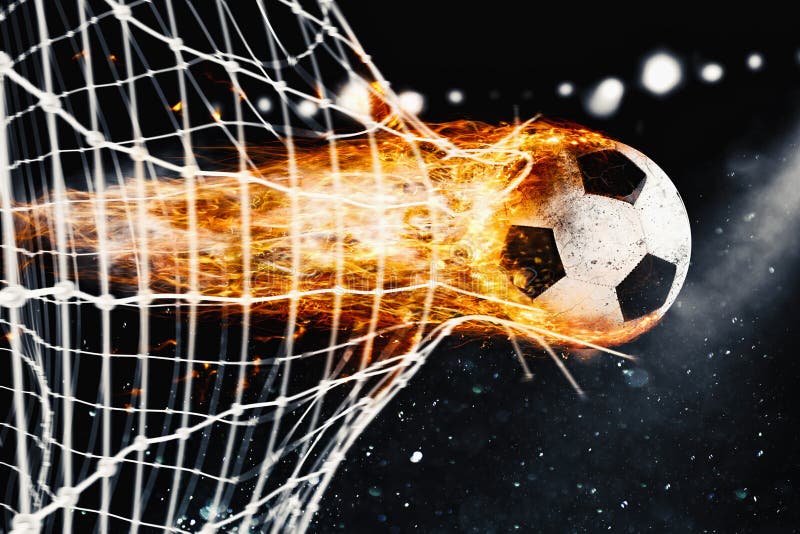 Um jogador de futebol com uma bola de fogo ao fundo