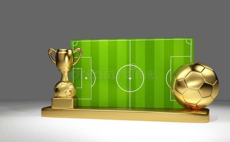 Copa do troféu 3d e bola de futebol. prêmio de 1º lugar.jogo de futebol e  recompensa em ouro. conceito de vencedor.