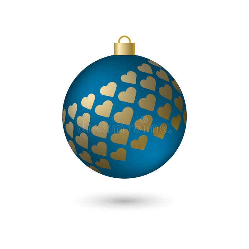 Vector volumetric blue Christmas ball with gold hearts, with shadows and highlights. Christmas tree toy. Isolated on white background. Vector volumetric blue Christmas ball with gold hearts, with shadows and highlights. Christmas tree toy. Isolated on white background