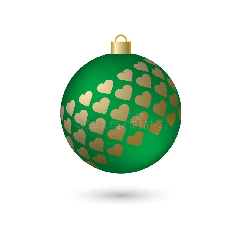 Vector volumetric green Christmas ball with gold hearts, with shadows and highlights. Christmas tree toy. Isolated on white background. Vector volumetric green Christmas ball with gold hearts, with shadows and highlights. Christmas tree toy. Isolated on white background