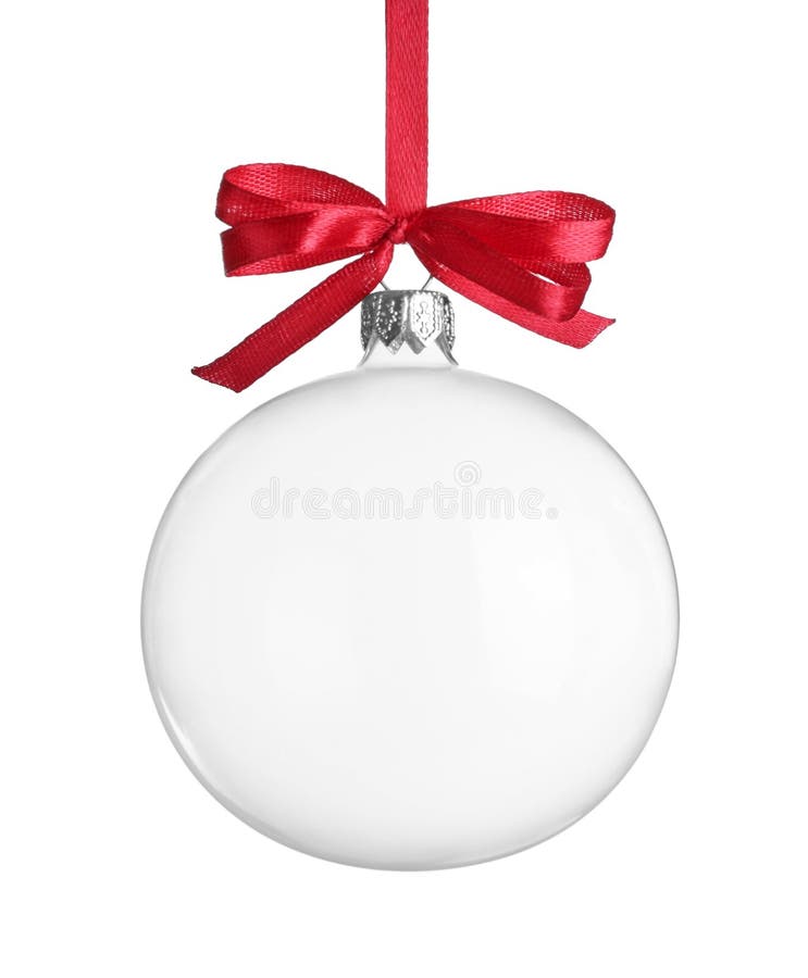 Bola de navidad de vidrio transparente con cinta roja y arco aislado en blanco