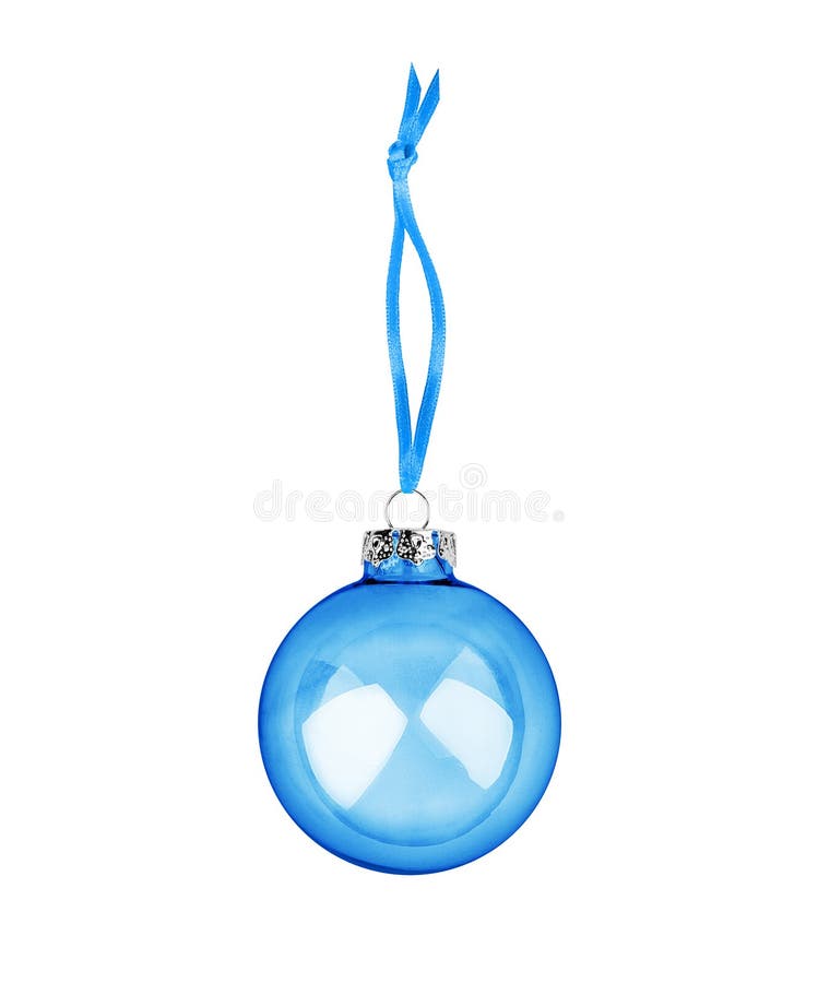 Light blue transparent glass ball hanging on ribbon white background isolated close up, blue Сhristmas tree decoration, shiny round bauble, traditional new year holiday decor design element, xmas toy. Light blue transparent glass ball hanging on ribbon white background isolated close up, blue Сhristmas tree decoration, shiny round bauble, traditional new year holiday decor design element, xmas toy