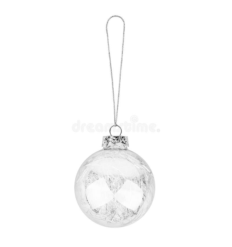Silver transparent glass ball hanging on thread white background isolated closeup, Сhristmas tree decoration, shiny round bauble, traditional new year holiday decor design element, decorative xmas toy. Silver transparent glass ball hanging on thread white background isolated closeup, Сhristmas tree decoration, shiny round bauble, traditional new year holiday decor design element, decorative xmas toy