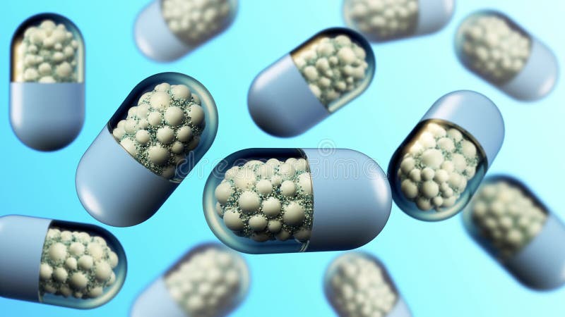 Bolas caóticas abstractas coloridas de la estructura dentro de la cápsula, de la farmacia y del concepto médico en fondo azul stock de ilustración Bolas caóticas abstractas coloridas de la estructura dentro de la cápsula, de la farmacia y del concepto médico en fondo azul stock de ilustración
