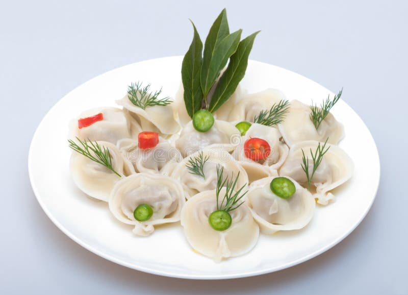 Russian meat dumplings on the white plate on gray-blue background. Russian meat dumplings on the white plate on gray-blue background