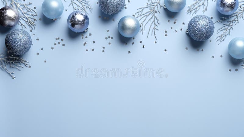 Bolas De Navidad Elegantes, Decoración Y Confeti De Fondo Azul Pastel  Composición Moderna De Navidad Plana, Año Nuevo Foto de archivo - Imagen de  nuevo, vector: 200444514