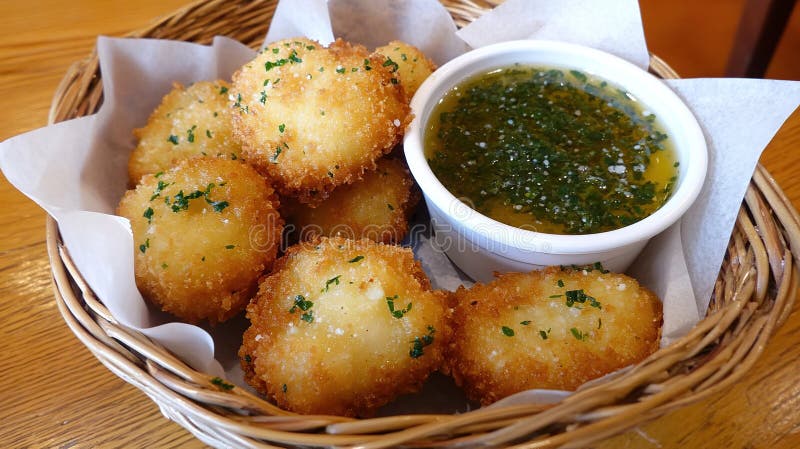 Bolas de queso crujientes fritas, salsa de hierbas, mesa de restaurante fotos de archivo libres de regalías