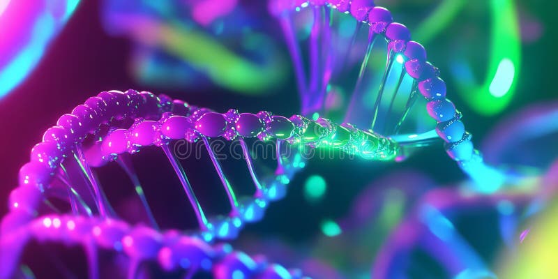 A bold, colorful abstract background featuring intricate, neon-infused DNA helix patterns. The stock photo