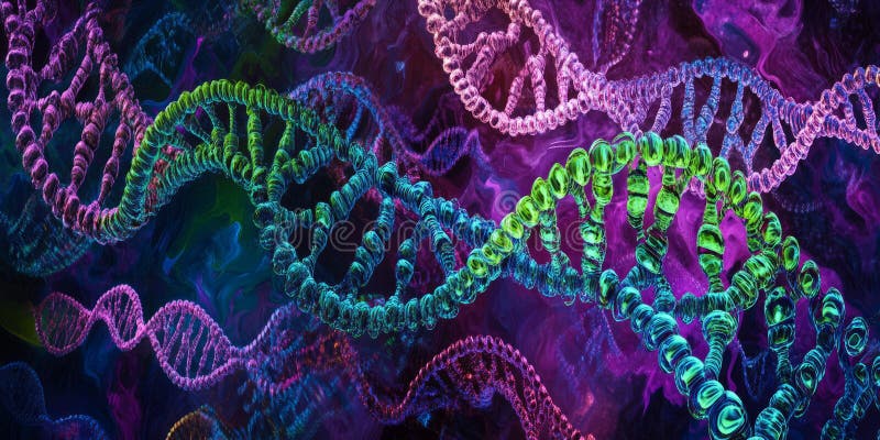 A bold, colorful abstract background featuring intricate, neon-infused DNA helix patterns. The royalty free stock image