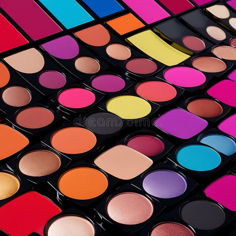 Bold and Colorful Eyeshadow Compacts in Creative Display. Vibrant eyeshadow compacts arranged in a striking pattern, showcasing bold, vivid colors creatively