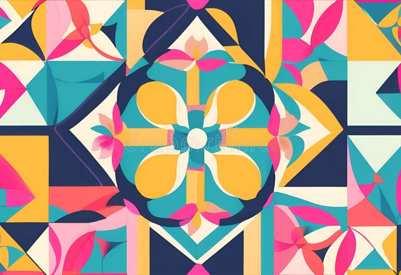 Vibrant Geometric Floral Pattern Design Abstract Art Background Texture for Textile Print. Bold geometric shapes and vibrant floral elements create a dynamic and colorful abstract design ideal for various applications
