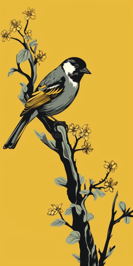 Bold Graphic Design: Bird Perched On Yellow Background vector illustration