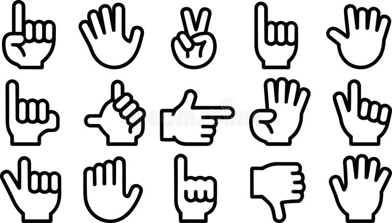 Bold outline hand gestures icon set for clear communication and expressive concepts stock illustration