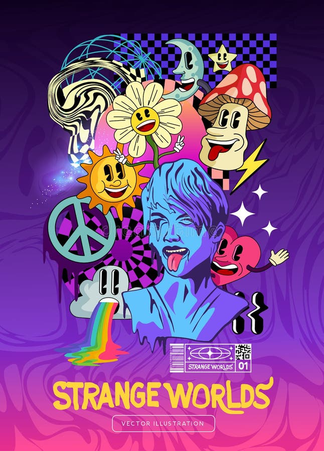 Bold Psychedelic Background With Characters And Objects