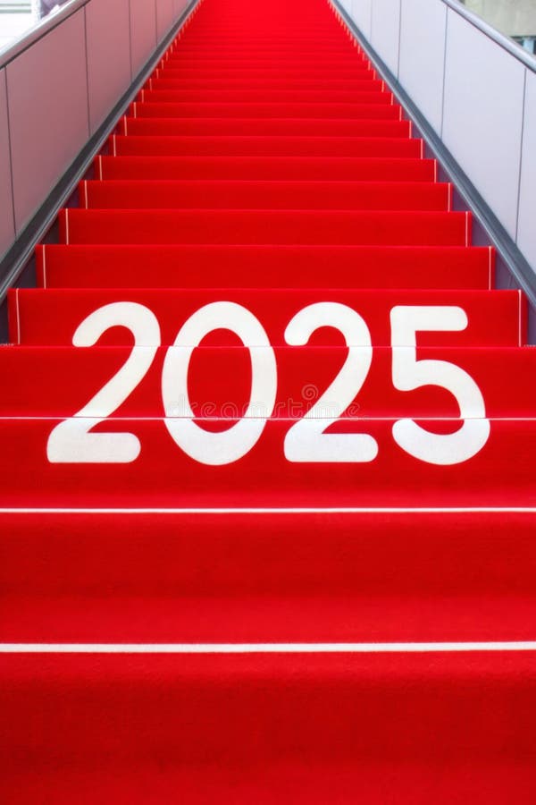 Bold white & x22;2025& x22; displayed on vibrant red stairs, creating a striking and modern visual. The perspective emphasizes an royalty free illustration
