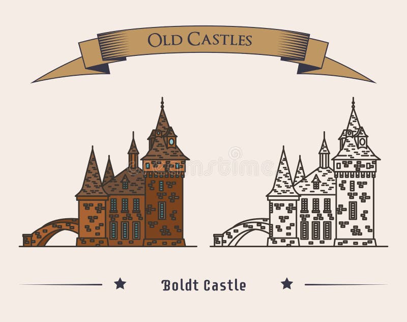 Boldt castle on heart island for tourist attraction. Exterior or outdoor view on old american or USA castle or monument