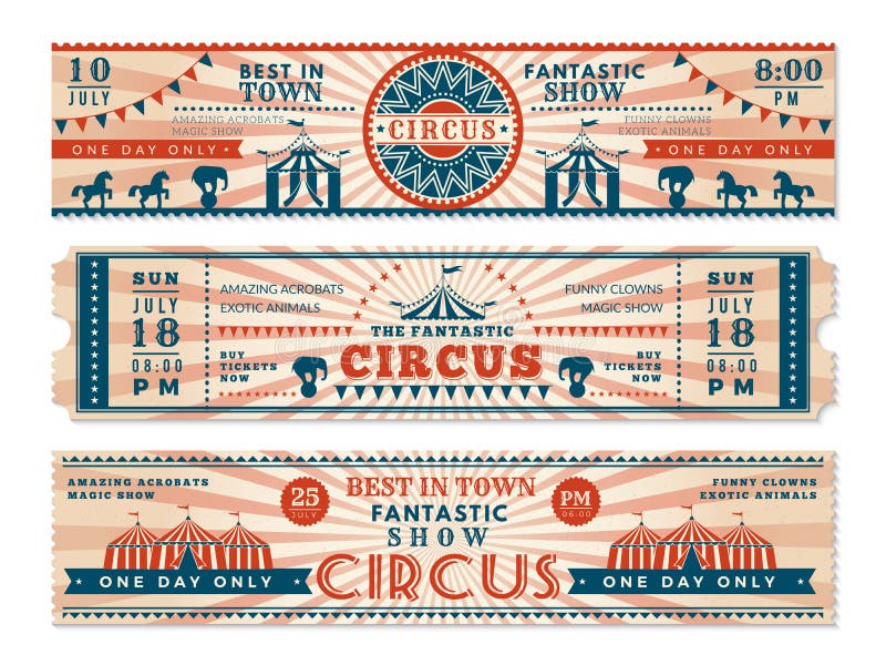 Boletos del circo Invitación horizontal de las banderas para las banderas retras del vector de la web del carnaval de la demostra stock de ilustración Boletos del circo Invitación horizontal de las banderas para las banderas retras del vector de la web del carnaval de la demostra stock de ilustración
