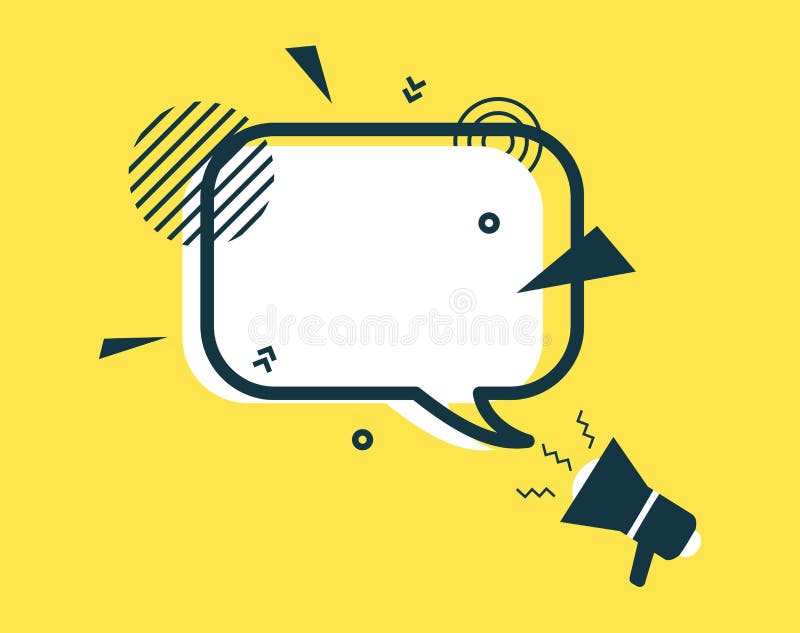 Bolla bianca di parole e megafono nell'arte piatta. memphis style banner con forme geometriche su sfondo giallo. colorato illustrazione di stock