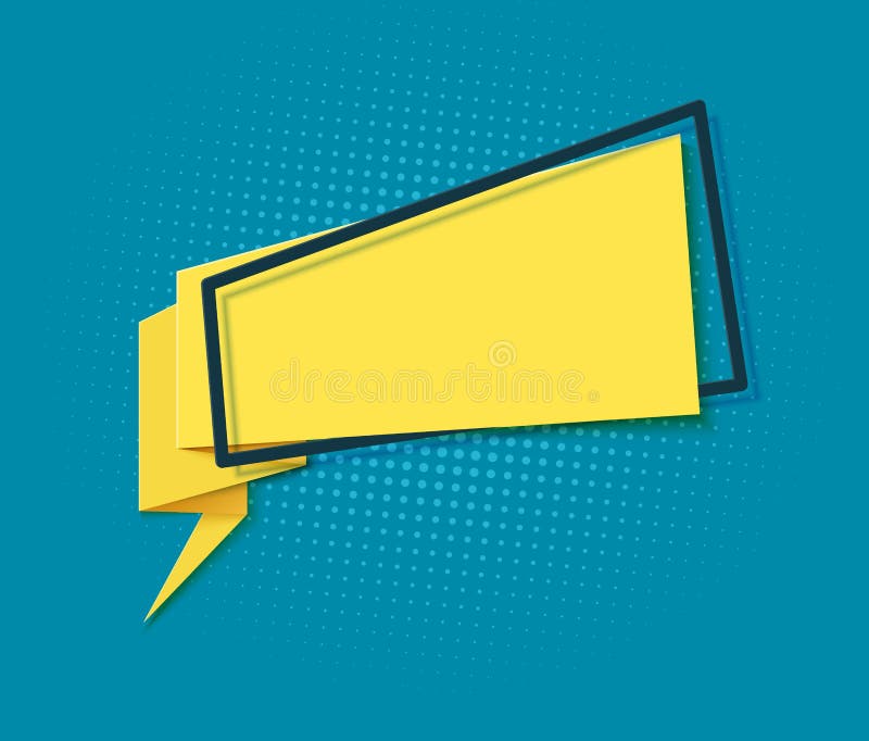 Bolla vocale gialla nell'arte di taglio della carta. memphis style banner con forme geometriche. vignetta colorata con posto per illustrazione vettoriale