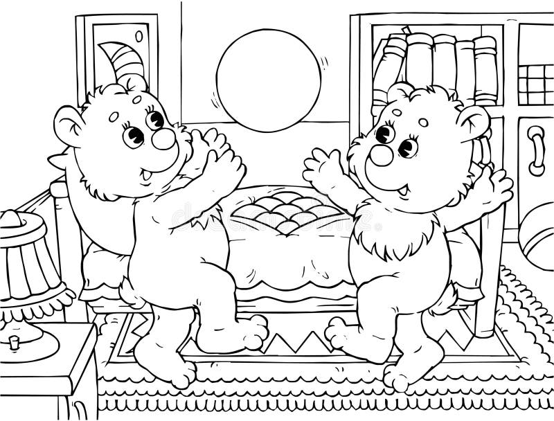 Black-and-white outline (for a coloring book): two small bears playing with a ball in their nursery. Black-and-white outline (for a coloring book): two small bears playing with a ball in their nursery