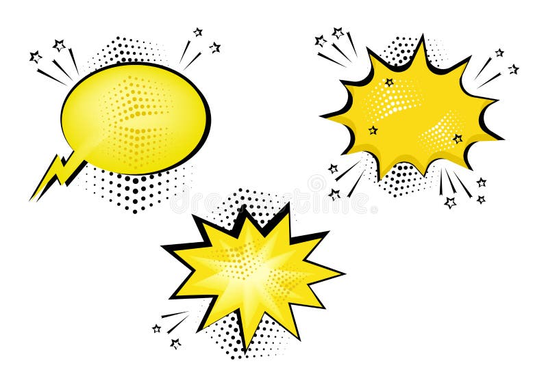 Bolle comiche gialle messe per il vostro testo Effetti sonori comici nello stile di Pop art Illustrazione di vettore illustrazione vettoriale Bolle comiche gialle messe per il vostro testo Effetti sonori comici nello stile di Pop art Illustrazione di vettore illustrazione vettoriale
