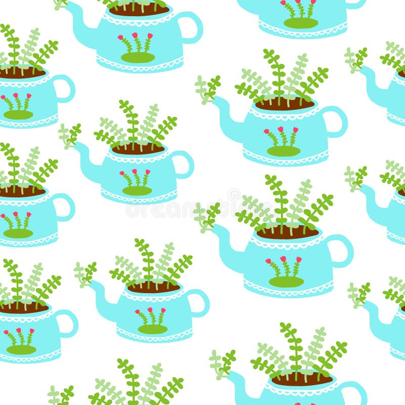 Bollitori blu con il fondo senza cuciture delle piante illustrazione di stock Bollitori blu con il fondo senza cuciture delle piante illustrazione di stock