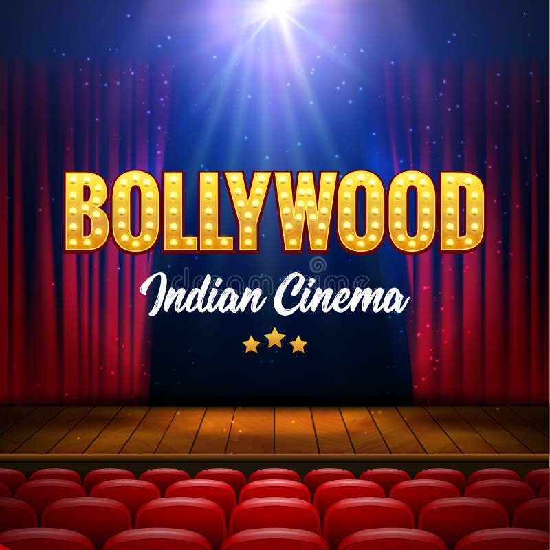 Bollywood Indian Cinema Film Banner. Indian Cinema Logo Sign Design Glowing Element with Stage and Curtains vector illustration Bollywood Indian Cinema Film Banner. Indian Cinema Logo Sign Design Glowing Element with Stage and Curtains vector illustration