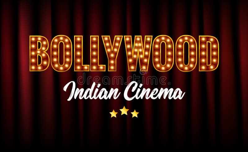 Bollywood Indian Cinema Film Banner. Indian Cinema Logo Sign Design Glowing Element with Stage and Curtains stock illustration Bollywood Indian Cinema Film Banner. Indian Cinema Logo Sign Design Glowing Element with Stage and Curtains stock illustration