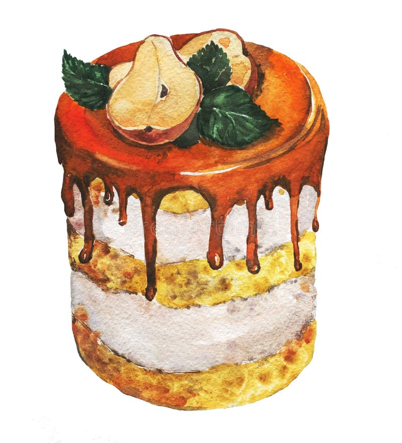 Bolo da pera e do caramelo Ilustração desenhada mão ilustração stock Bolo da pera e do caramelo Ilustração desenhada mão ilustração stock