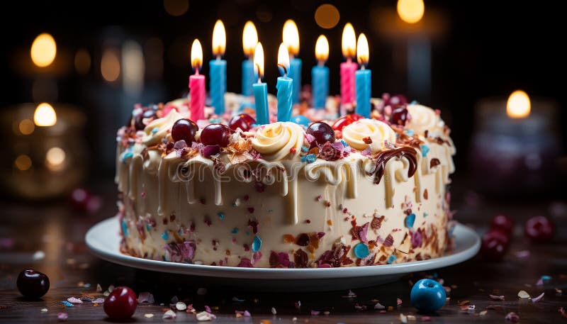 Foto de Bolo De Aniversário De Chocolate Quadrado Pequeno Simples Com Cinco  Velas Coloridas e mais fotos de stock de Acessível - iStock