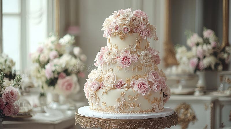 Bolo de casamento elegante em camadas, sala, flores foto de stock royalty free