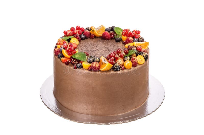 Bolo de chocolate delicioso feito do fruto e do creme Nos feriados fotos de stock Bolo de chocolate delicioso feito do fruto e do creme Nos feriados fotos de stock