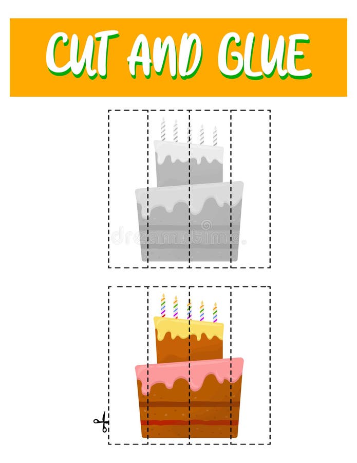 Jogo educativo para crianças cortado e colado com bolo de comida