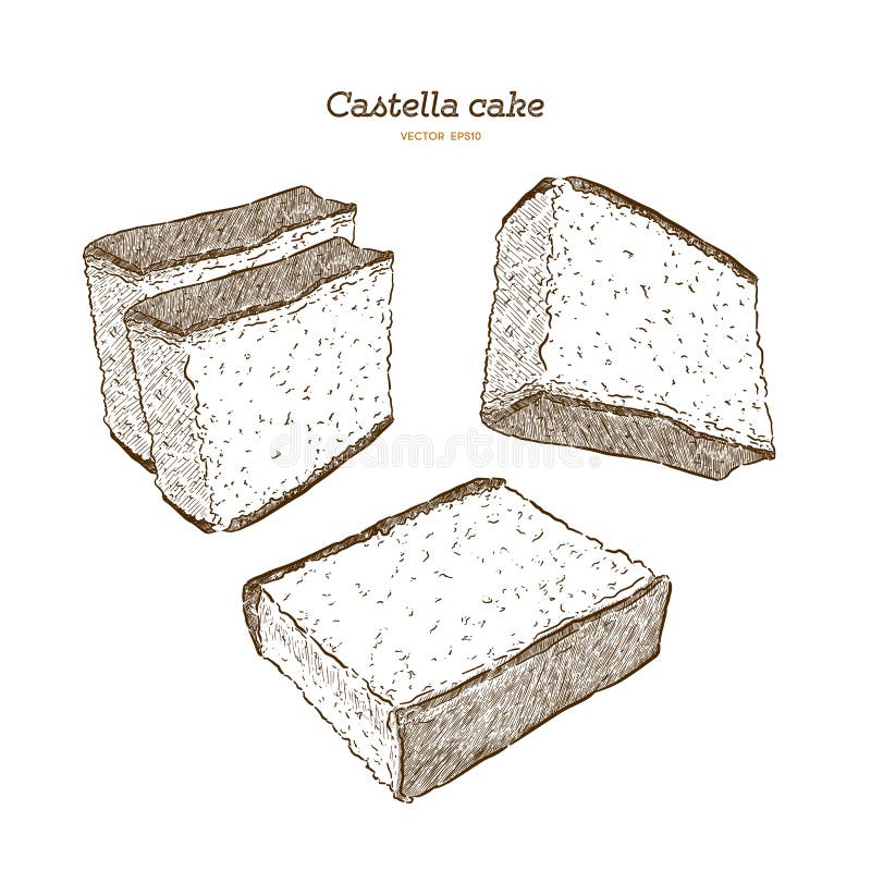 Bolo de esponja japonês - castella Vetor da tração da mão ilustração royalty free Bolo de esponja japonês - castella Vetor da tração da mão ilustração royalty free