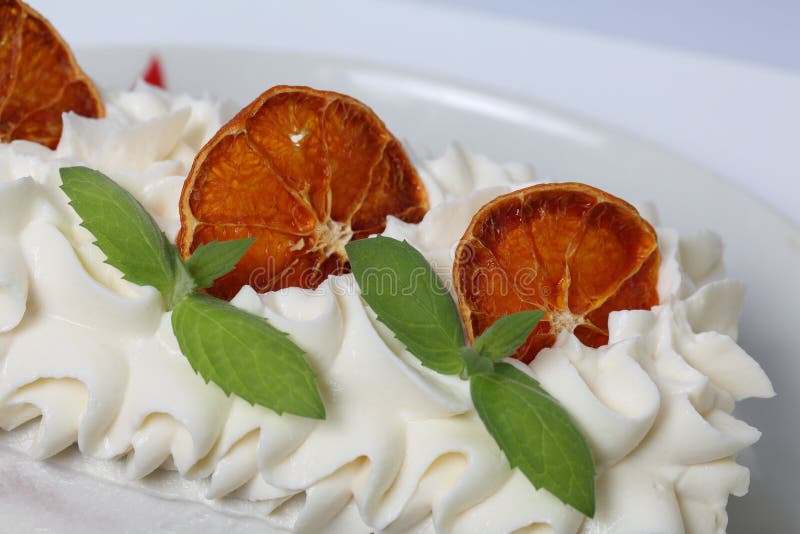 Bolo do creme da esponja revestido com o creme e decorado com fatias alaranjadas secadas e folhas de hortelã fresca fotografia de stock Bolo do creme da esponja revestido com o creme e decorado com fatias alaranjadas secadas e folhas de hortelã fresca fotografia de stock