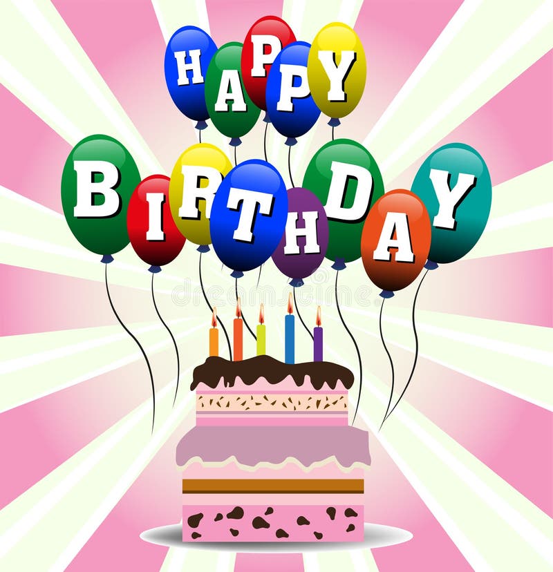 Bolo e balões de aniversário ilustração do vetor Bolo e balões de aniversário ilustração do vetor