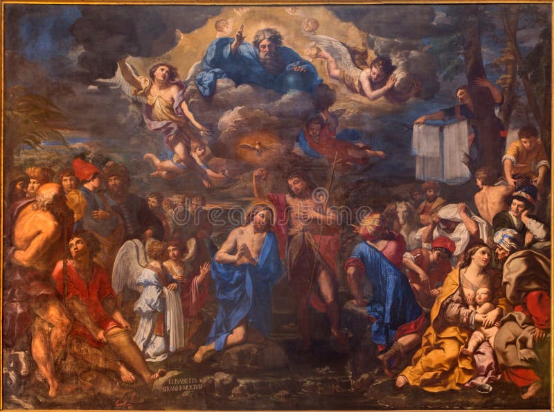 Bologna - chrzczenie Chrystus Elisabetta Sirani od roku 1658 w barokowym kościelnym San Girolamo della certosa fotografia royalty free Bologna - chrzczenie Chrystus Elisabetta Sirani od roku 1658 w barokowym kościelnym San Girolamo della certosa fotografia royalty free