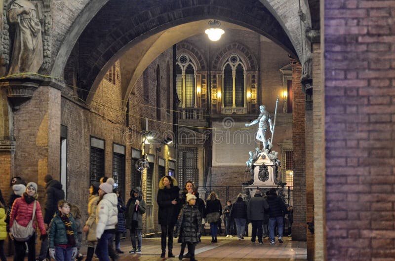 Bologna, Emilia Romagna, Italy. December 2018. The Neptune fountain at night royalty free stock photos Bologna, Emilia Romagna, Italy. December 2018. The Neptune fountain at night royalty free stock photos