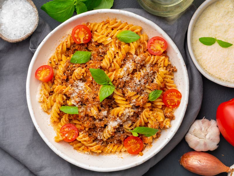 Bolognese Pasta. Fusilli with Tomato Sauce, Ground Minced Beef, Stock ...