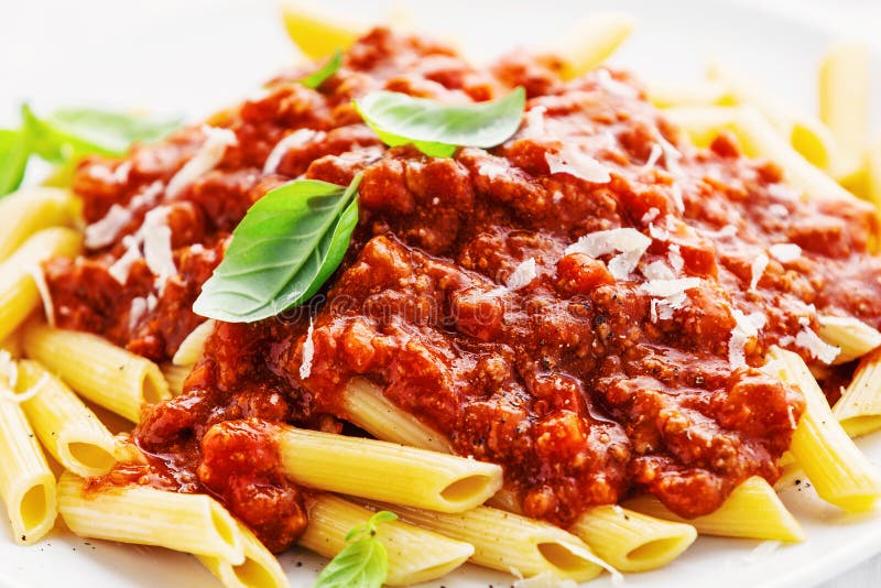 Bolognese Penne Pasta Served On Plate Stock Photo - Image of nutrition ...