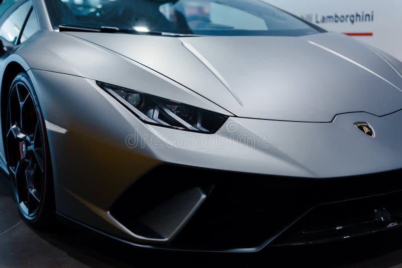 Original Lamborghini Huracan Performante. Logo and front grill, headlights. Luxury stylish sport car. Original Lamborghini Huracan Performante. Logo and front grill, headlights. Luxury stylish sport car.