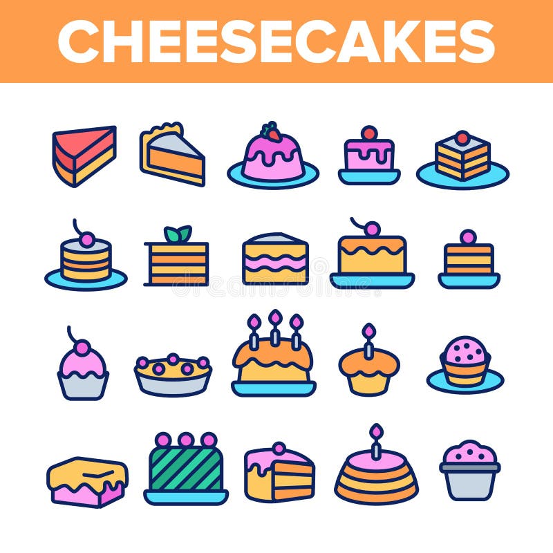 Bolos de queijo doces, grupo linear dos ?cones do vetor da padaria ilustração do vetor Bolos de queijo doces, grupo linear dos ?cones do vetor da padaria ilustração do vetor