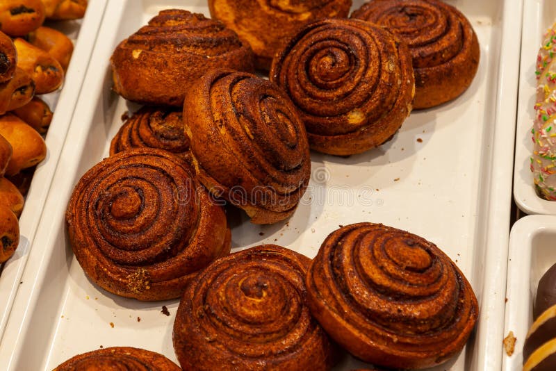 Bolos marrons grandes apetitosos com canela sob a forma das espirais c fotografia de stock Bolos marrons grandes apetitosos com canela sob a forma das espirais c fotografia de stock