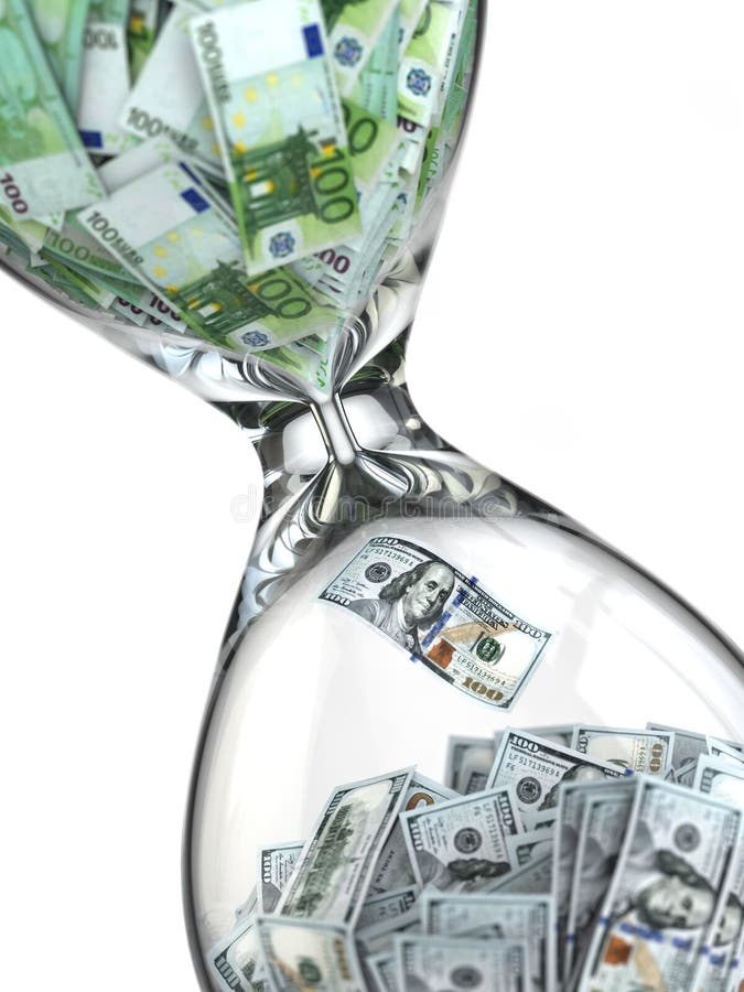 Bolsa de acción. Reloj de arena, dólar y euro. stock de ilustración